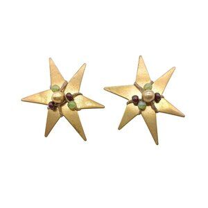 Vintage Brass Starburst Clip-On Earrings with Beaded Accents